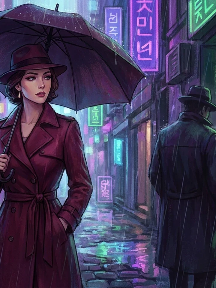 Adult anime character in a neon-lit street scene, used to demonstrate the editing tools