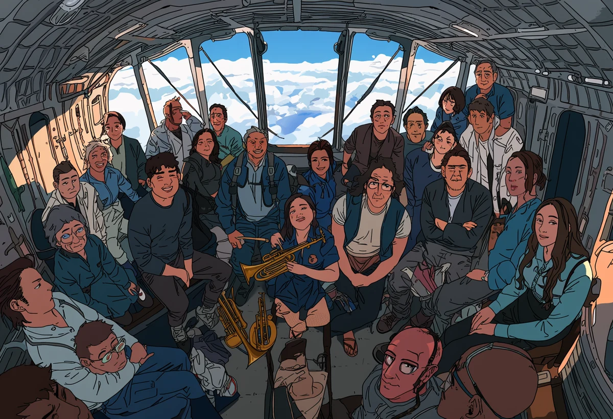 an adult couple age 36 and 32 in a cramped airship cabin above cloud, goggles pushed up, brass instruments, wind through the vents, adult adventure manhwa art style