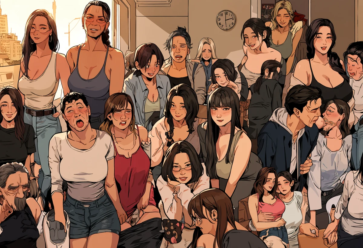 two adult lovers age 35 and 37 having an affair in an unfamiliar apartment on a weekday afternoon, a clock watched, sunlight, adult drama manhwa art style