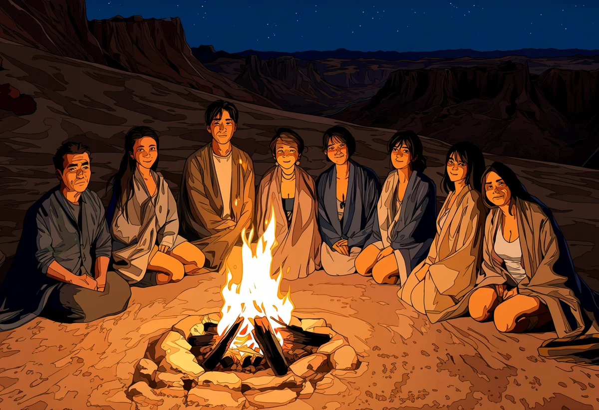 an adult couple age 39 and 33 beside a small fire in a desert canyon at night, blankets and stars, sand-dusted skin, adult adventure manhwa art style