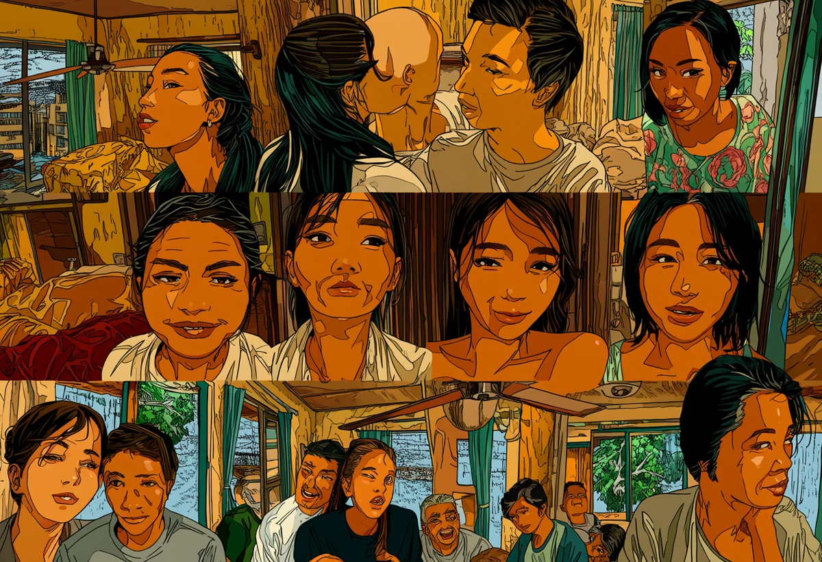 an Indonesian adult couple age 33 and 35 in a Jakarta apartment during a monsoon downpour, warm brown skin, open window, ceiling fan turning, explicit adult illustration