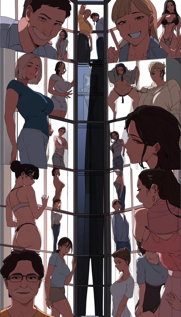 two adult professional rivals age 36 and 34 pressed against a glass meeting-room wall after hours, tall vertical webtoon panel, blind shadows across skin