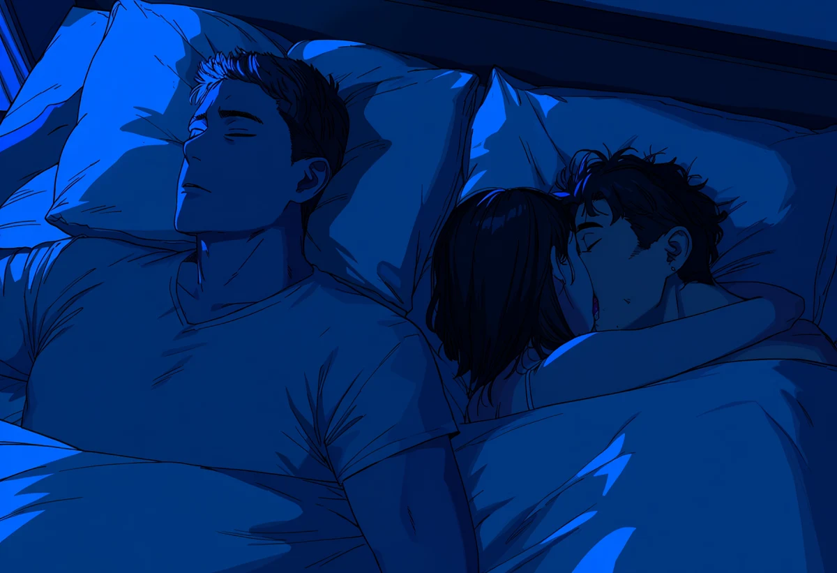 an adult couple age 38 and 33 in bed with their backs to each other, one awake and one asleep, blue night light, emotional distance, adult psychological manhwa art style